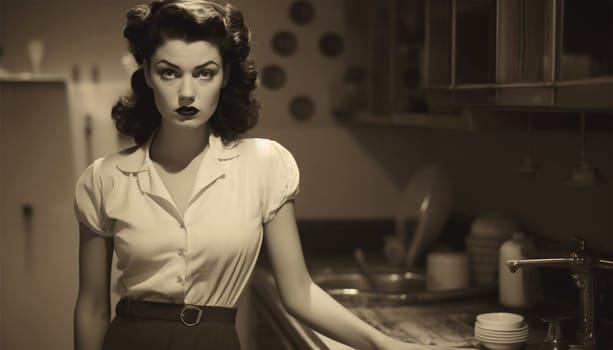 Vintage portrait of a unhappy housewife in the kitchen. Young beauty woman cooks in the kitchen retro style old design beautiful