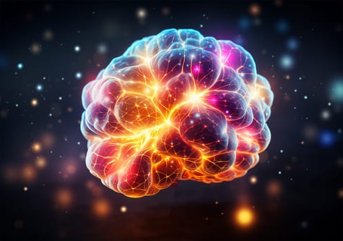 Concept of an Active Human Brain on a Dark Background. Colorful neon colors inside of a brain 3D, Human thinking mechanism concept. Brain research Copy space Space for text