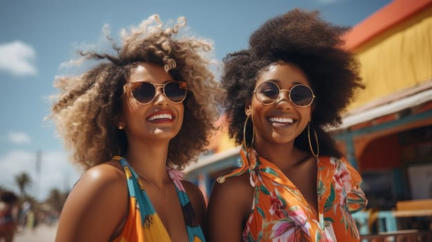 Two beautiful afro American young black women friends enjoying on the beach in the summer. Female friends walking on the beach and laughing on a summer day. wearing sunglasses ethnic portrait summer concept