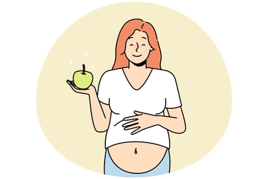 Smiling pregnant woman with apple. Vector Smiling young pregnant woman holding apple recommend healthy diet. Happy female follow pregnancy nutrition eat fruits. Vector illustration.