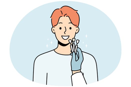 Dentists hand with veneers comparing with client teeth in clinic. Concept of tooth prosthesis and dental care. Vector illustration.
