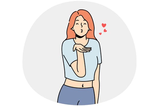 Happy young woman make hand gesture send air kisses. Smiling girl share love and affection. Romance and relationship. Vector illustration.