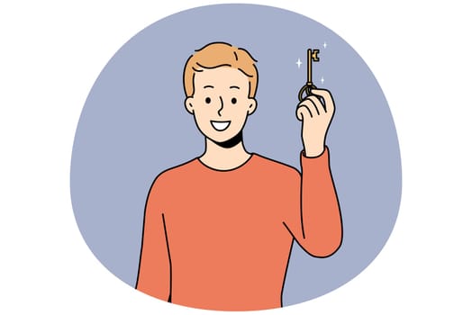 Smiling young man holding key to new house or apartment. Happy male owner excited about housing or dwelling purchase. Ownership concept. Vector illustration.