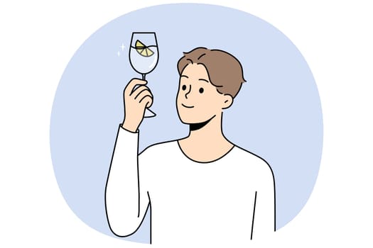 Smiling young man with glass of water recommend healthy lifestyle. Happy guy feel thirsty hold in hands aqua with lemon for hydration. Vector illustration.