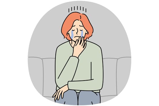 Unhappy young woman sit on couch crying suffering from depression or loneliness. Upset female distressed with solitude or breakup. Vector illustration.