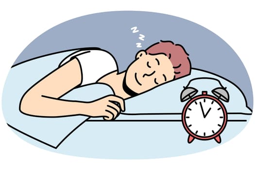Happy guy lying in bed sleeping peacefully. Smiling calm young man relax nap in bedroom. Relaxation and daydreaming. Vector illustration.
