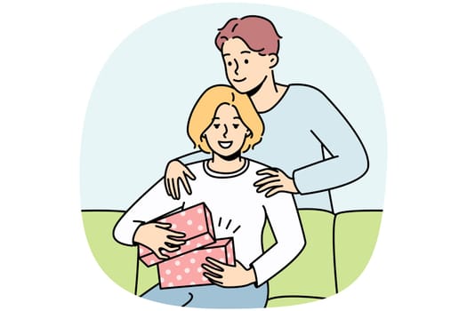 Loving young man make birthday present to excited woman at home. Caring male surprise congratulate happy female with anniversary. Vector illustration.