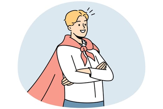 Smiling motivated man wearing superman coat satisfied with achievement or accomplishment. Happy successful businessman in superhero coat. Vector illustration.