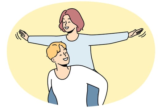 Happy young woman piggyback smiling man have fun together. Loving guy carrying on shoulders excited girl. Love and relationships. Vector illustration.