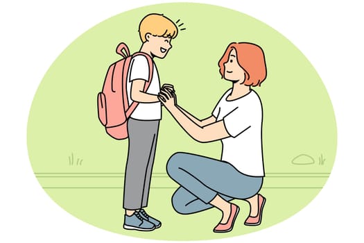 Smiling mother seeing small teen son with backpack to school. Happy caring mom get off excited boy child to kindergarten. Vector illustration.