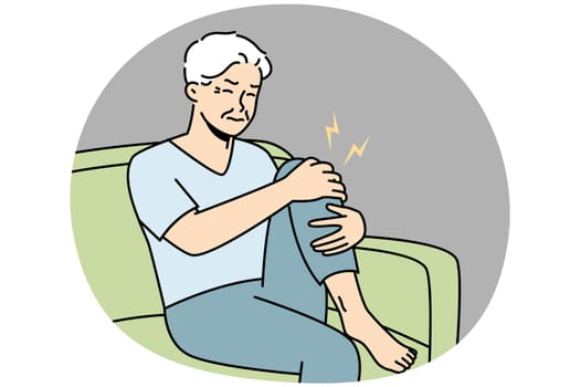 Unhealthy old man sit on couch suffer from knee pain. Unwell sick elderly grandfather struggle with rheumatism. Vector illustration.