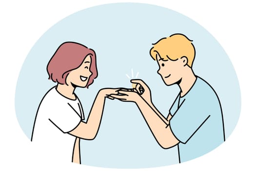 Loving man make proposal to excited woman. Caring happy male put engagement ring on smiling female finger. Marriage and relationship goal. Vector illustration.