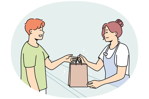 Smiling female cashier give cardboard bag to happy male customer in shop. Happy woman seller hand package to excited man client in store. Vector illustration.