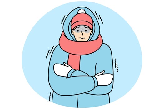Young man in outerwear feeling cold and freezing outdoors. Unhappy frozen guy in jacket suffer during cold days in winter. Vector illustration.