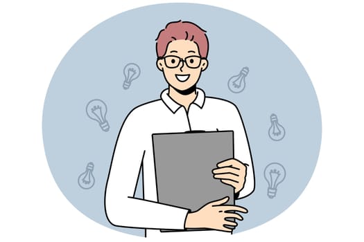 Smiling young man with folder in hands generate creative business ideas. Happy motivated guy in glasses holding paperwork document. Business and creativity. Vector illustration.