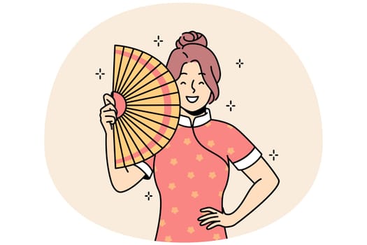 Smiling young Asian woman in traditional dress with hand fan. Happy ethnic girl posing in cultural clothing. Culture and ethnicity. Vector illustration.