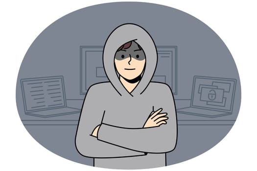 Young man in hood standing near computers hacking internal operations system. Suspicious male hacker near laptops and gadgets. Device security. Vector illustration.