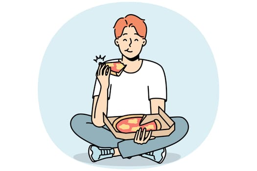 Smiling young man eating delicious pizza. Happy guy enjoy tasty Italian food sitting on floor. Nutrition and takeaway delivery. Vector illustration.
