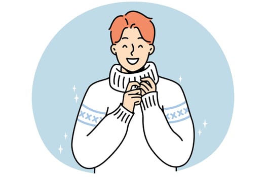 Portrait of smiling young man in knitwear. Happy millennial guy in fashionable knit sweater. Winter wear and fashion. Vector illustration.