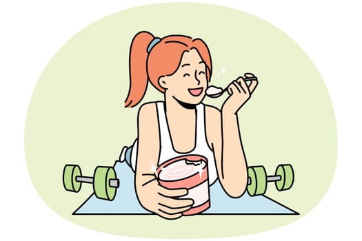Smiling girl lying on fitness mat eating ice cream. Happy young woman quit sport enjoy dessert from jar. Diet and nutrition. Vector illustration.