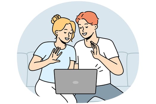 Smiling couple sit on sofa wave talk on video call on computer. Happy man and women have fun enjoy webcam conversation on laptop. Vector illustration.