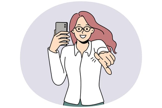 Smiling young woman hold cellphone point at screen. Happy girl with smartphone in hands show with finger at camera make choice. Vector illustration.