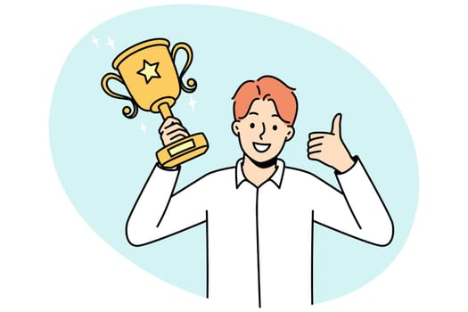 Overjoyed young man with gold prize in hands celebrate win. Smiling businessman with golden award or trophy show thumb up. Vector illustration.