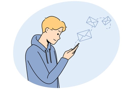 Happy young man use modern cellphone texting online. Smiling guy look at smartphone screen sending email or message on internet. Vector illustration.