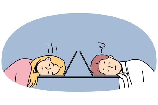 Tired couple sit at table fall asleep during computer work. Exhausted man and woman suffer from fatigue nap at laptop in office. Vector illustration.