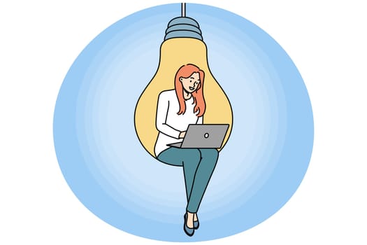 Young woman sitting on huge light bulb working on laptop. Confident motivated female employee on lightbulb busy with computer job. Innovation and brainstorm. Vector illustration.