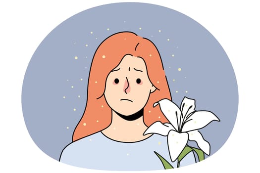 Unhappy sick young woman with red nose suffer from flower allergy. Ill girl struggle with pollen allergic reaction. Healthcare concept. Vector illustration.