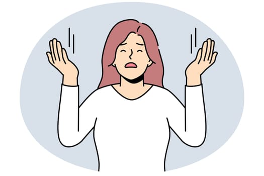 Young woman with hands raised up praying. Religious spiritual female ask for forgiveness. Faith and religion. Vector illustration.