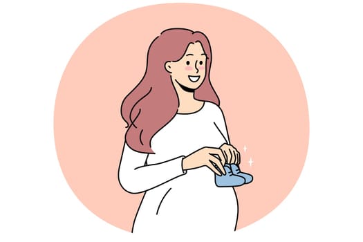 Smiling young pregnant woman holding baby shoes in hands excited about motherhood. Happy future mother awaiting parenthood. Pregnancy. Vector illustration.