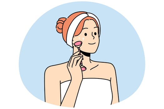 Smiling young woman in towel make face massage with beauty roller. Happy girl do facial treatment in bathroom. Skincare concept. Vector illustration.