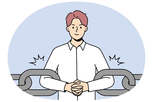 Young businessman as part of chain. Male employee or worker as link of chain at workplace. Engaged as business work element. Vector illustration.