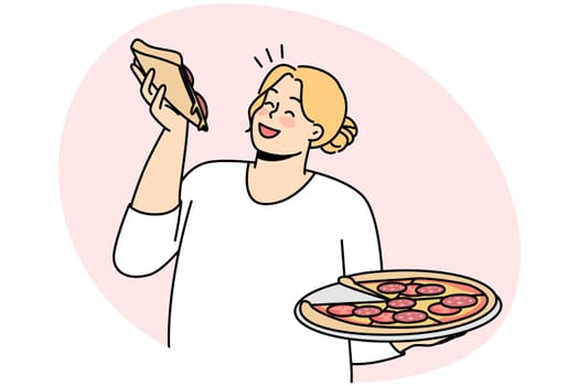Happy overweight woman with pizza in hands enjoy fast food. Smiling fat female eating Italian food. Body positive. Vector illustration.