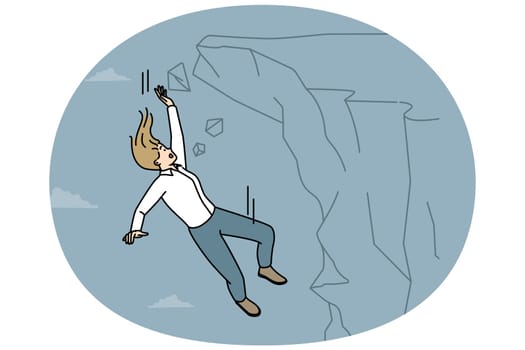 Scared businesswoman fall from cliff suffer from failure or loss at work. Unhappy terrified female employee falling from rock failed with project. Vector illustration.