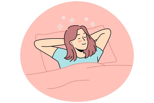Happy young woman lying in bed sleeping. Smiling girl relax in bedroom dreaming or napping. Relaxation and comfort. Vector illustration.