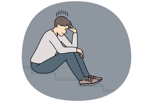 Stressed man sit on stairs thinking or making plan. Distressed unhappy guy lost in thoughts having dilemma or issue. Vector illustration.