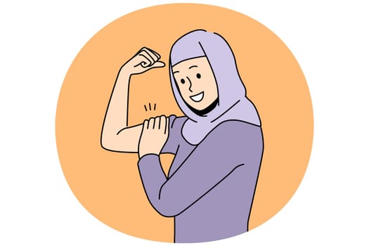 Smiling young woman in hijab show muscle demonstrate power. Happy Arabic female feel powerful and strong. Leadership concept. Vector illustration.