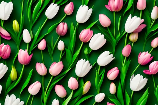 Pink and white tulips on a green background. Spring background.