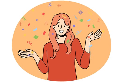 Smiling young woman with confetti have fun celebrating. Happy girl enjoy party or celebration. Vector illustration.