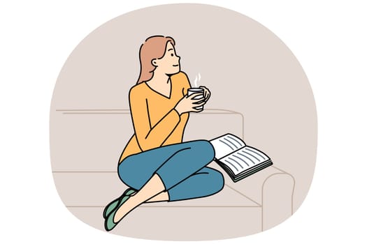 Dreamy young man sit on sofa reading book drinking coffee. Happy girl relax on couch in living room with warm beverage. Vector illustration.