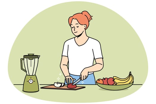 Happy young woman chopping fruits for smoothie. Smiling girl cut fresh fruit in kitchen follow healthy lifestyle. Vector illustration.