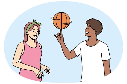Happy multiracial friends have fun playing basketball outdoors. Smiling man and woman enjoy game on playground. Hobby and entertainment. Vector illustration.