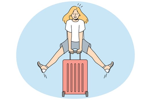 Excited young woman with suitcase feeling joyful with summer vacation. Smiling girl ready for summertime holidays. Vector illustration.