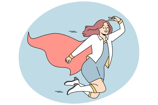 Smiling businesswoman in superhero costume flying in sky. Happy woman dressed as super hero feel motivated and successful with business achievement. Vector illustration.