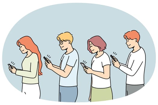 Young people in line with smartphones in hands addicted to gadgets. Men and women with addiction to cellphones. Technology and modern world. Vector illustration.