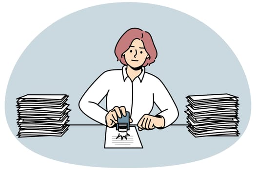 Woman sit at desk stamping documents. Female employee busy with paperwork at workplace. Office job concept. Vector illustration.