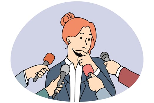 Pensive female politician thinking talking with reporters or journalists. Woman speaker have interview speak in microphones at conference. Vector illustration.